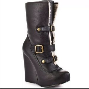 Betsey Johnson boot leather wedge faux fur leopard black